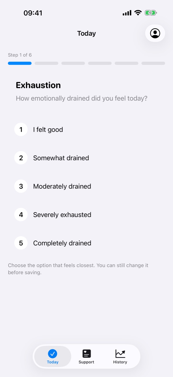 Step 1 of 6: how emotionally drained did you feel today, with five options from I felt good to Completely drained.